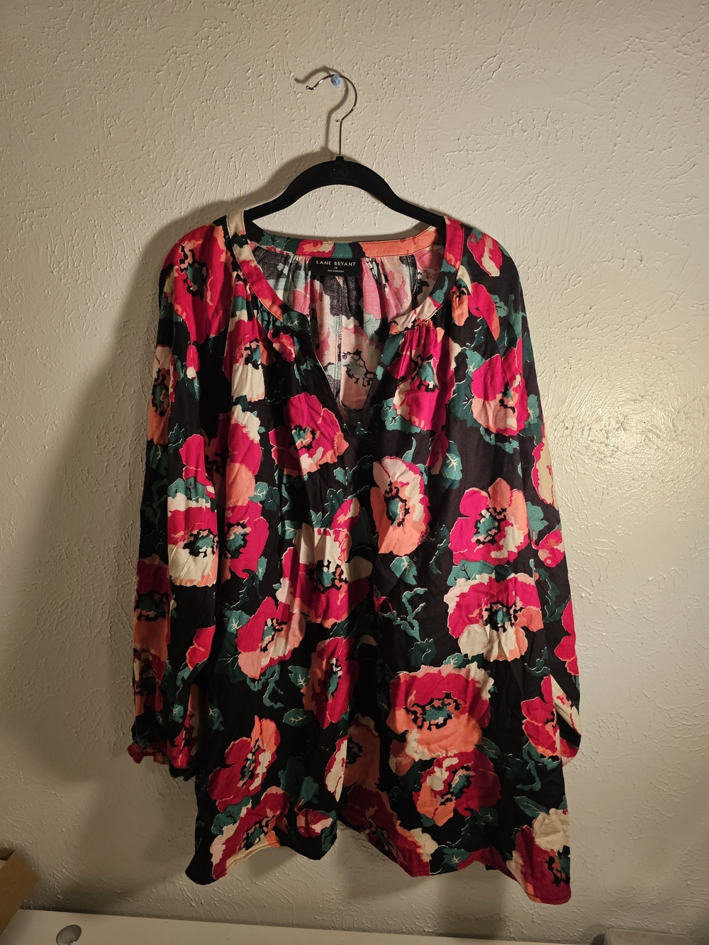 Lane Bryant Black Floral Peasant Blouse - Pink & Coral Print